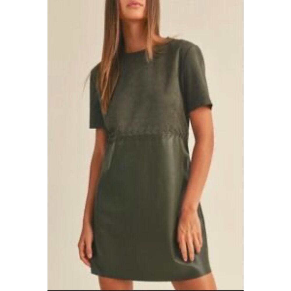 Miou Muse faux green leather and suede short sleeve mini dress-Size S
